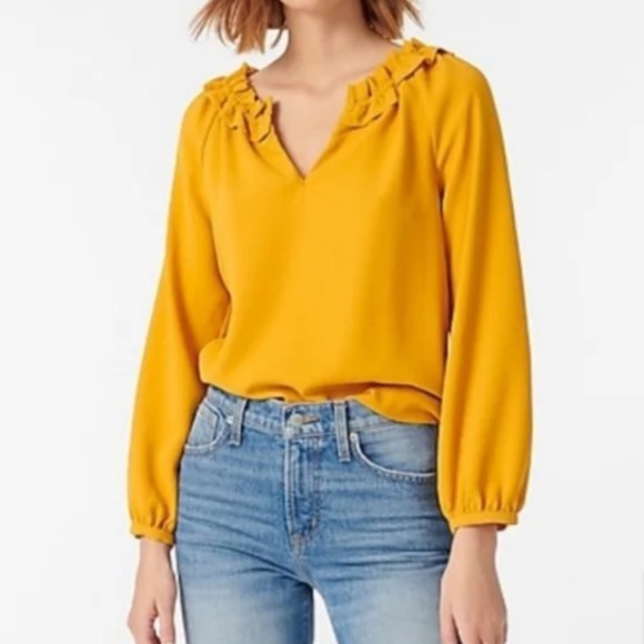 J. Crew Large 365 crepe ruffle neck blouse in mustard - Picture 2 of 4